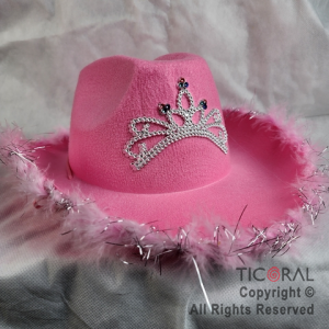 SOMBRERO COWBOY CORONA DECO PLATA Y PLUMAS ROSA x 1